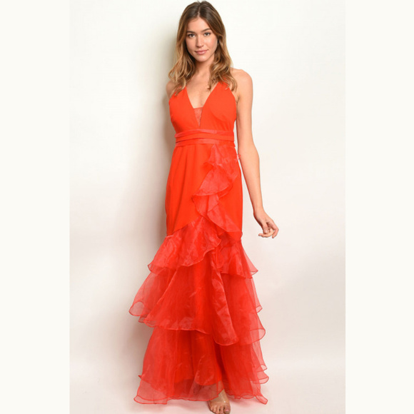 Red Sleeveless Ruffle Organza V-Neck Dress S-M-L - Picture 2 of 3